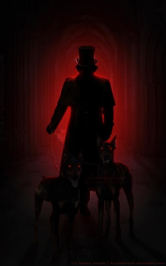 Silhouetted fantasy male in a top hat, backlit by a blood-red glow, holding leashes for two demonic dogs with glowing red eyes.
