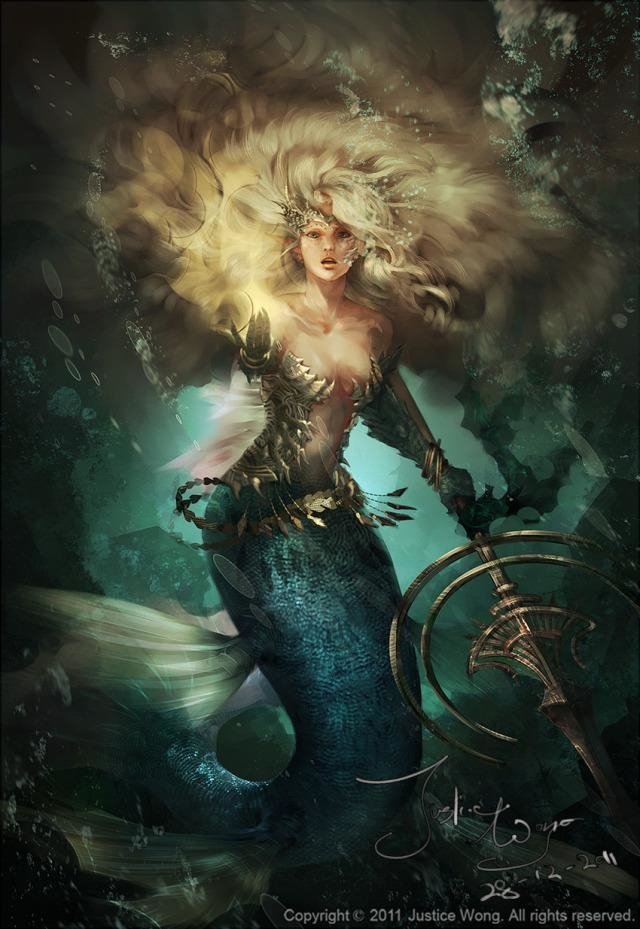 A fantasy mermaid with flowing blonde hair and a shimmering blue tail holds a trident, depicted underwater with ethereal lighting and swirling currents.