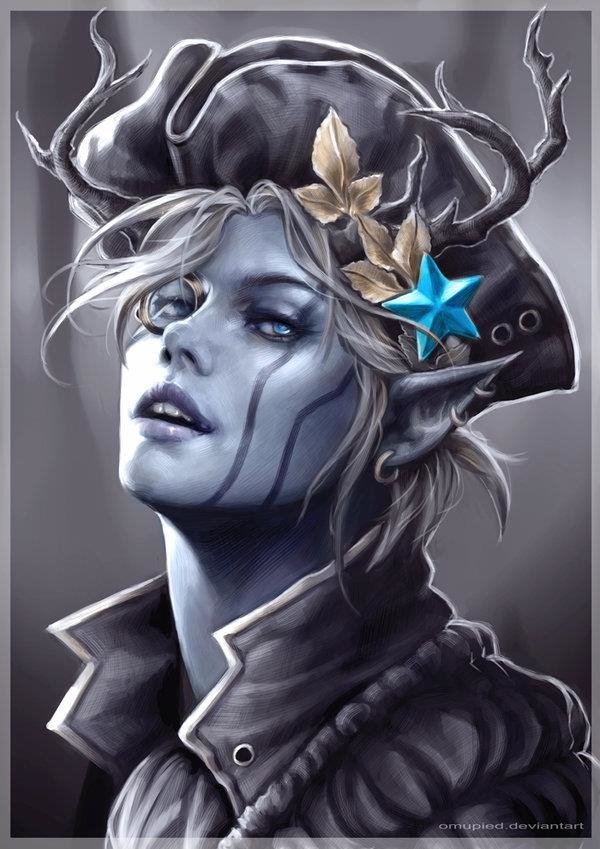 A fantasy witch with pale skin, intricate facial markings, pointed ears, and antler-like branches entwined in her hat, adorned with leaves and a glowing blue star.