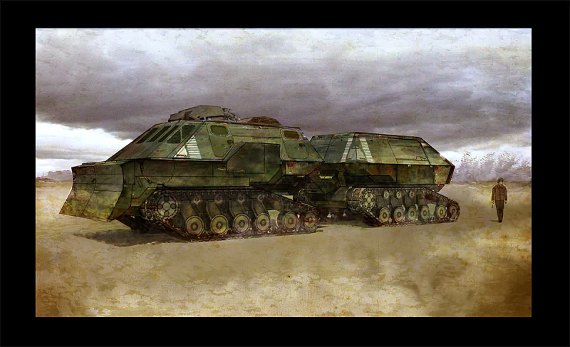 A large military tank stands in a desolate landscape under a cloudy sky, showcasing a futuristic sci-fi design and rugged features. A lone figure approaches in the background.