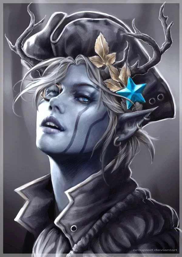 A fantasy witch with pale skin, intricate facial markings, pointed ears, and antler-like branches entwined in her hat, adorned with leaves and a glowing blue star.