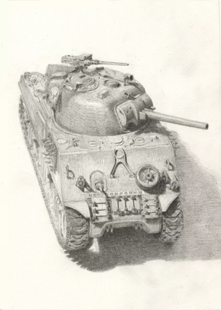 A detailed pencil sketch of a military tank, showcasing its armored body and turret, captures the essence of military equipment through intricate shading and texture.