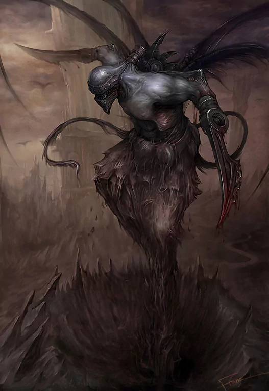 Dark demon with horned helmet and leathery wings, gaunt armored torso and a bloodied curved blade emerging from a torn, shadowy abyss.