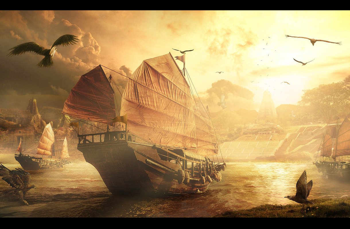 A fantasy city by the water at sunset, with large wooden sailing ships and birds flying above in a mystical, golden-hued atmosphere.