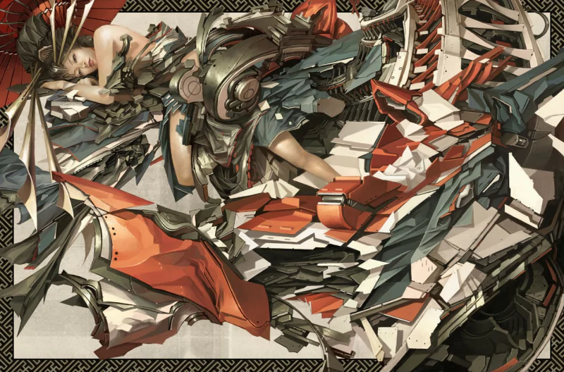 Sci-fi digital art character design of a fantasy woman in intricate cybernetic armor and layered red‑white fragmented fabrics, merging organic silhouette with complex mechanical details.