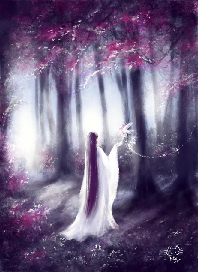 A fantasy scene: a woman in a flowing white gown with long dark hair stands in a misty purple forest, holding a glowing fairy that scatters sparkling light.