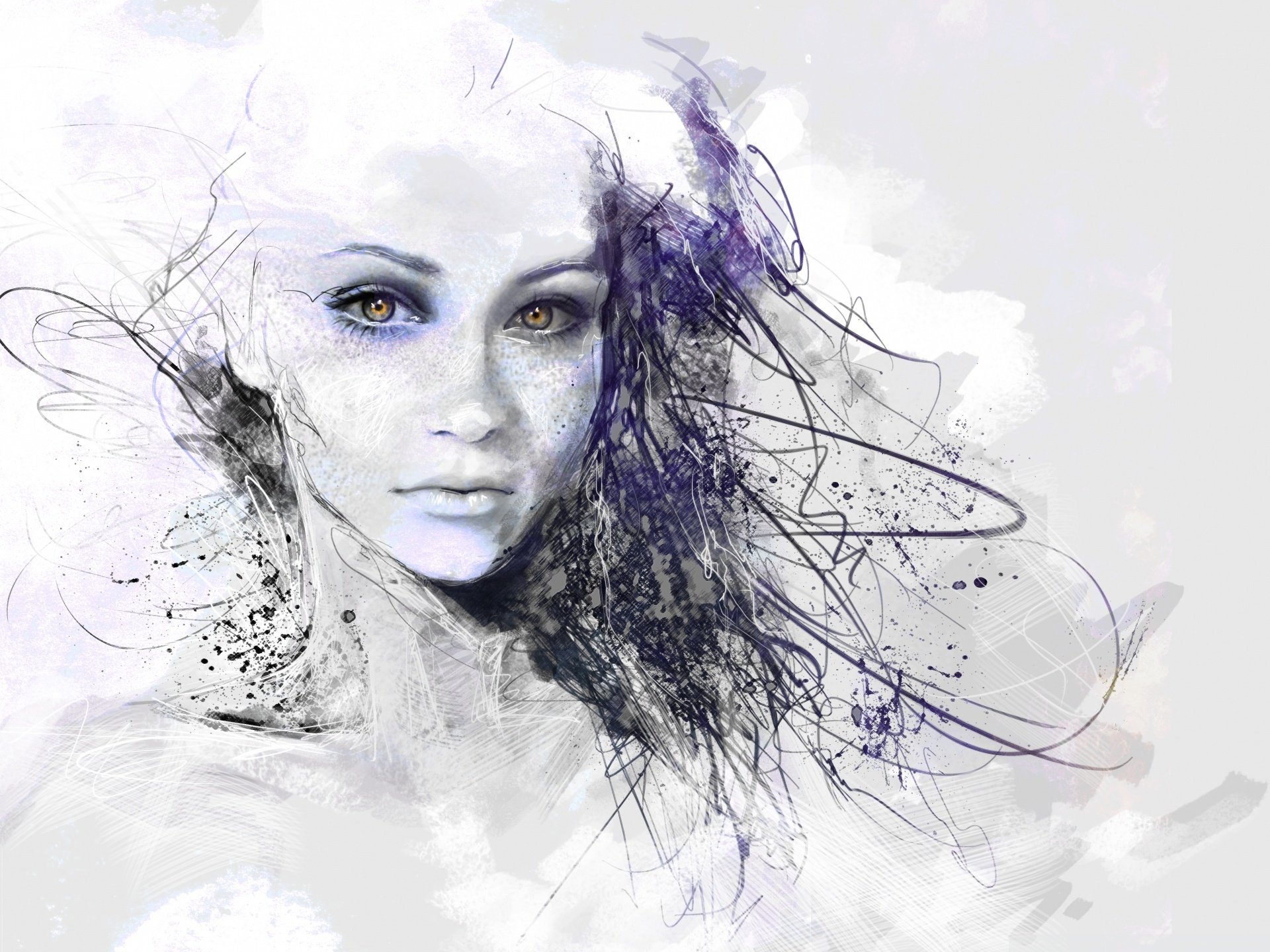 Artistic portrait of a woman rendered in watercolor and ink, pale skin and vivid blue eyes framed by flowing abstract purple-black line work.