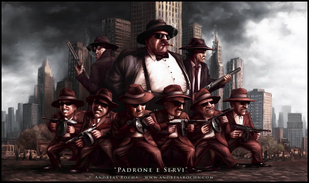A group of men, styled as thugs, stand confidently in front of a city skyline, some holding weapons, portraying a dramatic, mob-like theme.