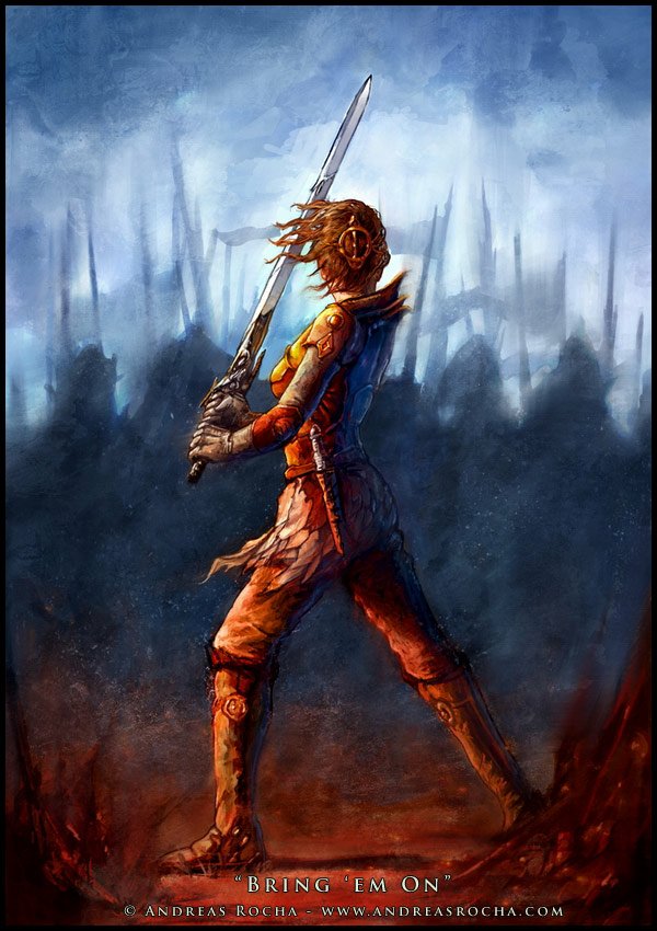 A fierce woman warrior stands confidently with a sword, surrounded by a dramatic landscape, embodying the essence of fantasy and strength.