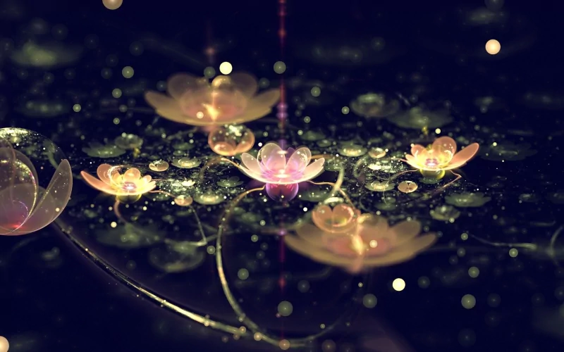 A serene composition of glowing water lilies surrounded by sparkling droplets, showcasing intricate details in this artistic 3D art piece.