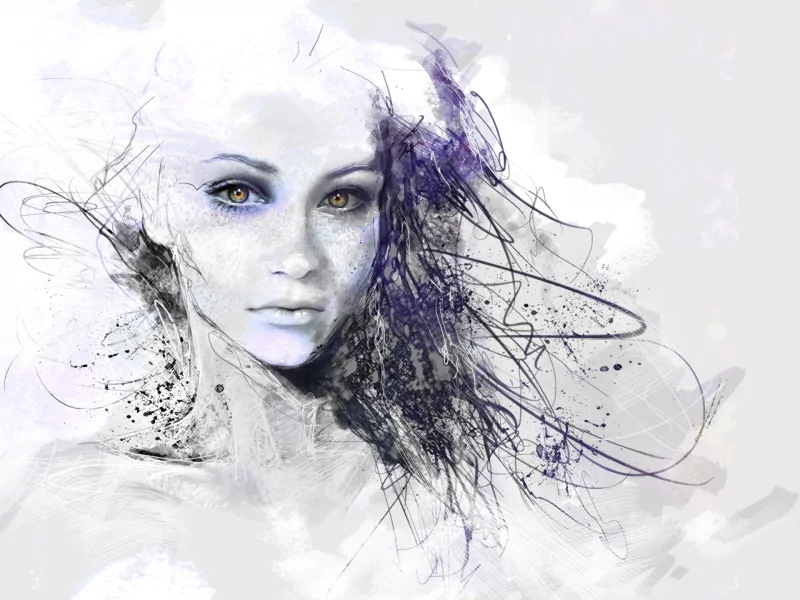 Artistic portrait of a woman rendered in watercolor and ink, pale skin and vivid blue eyes framed by flowing abstract purple-black line work.