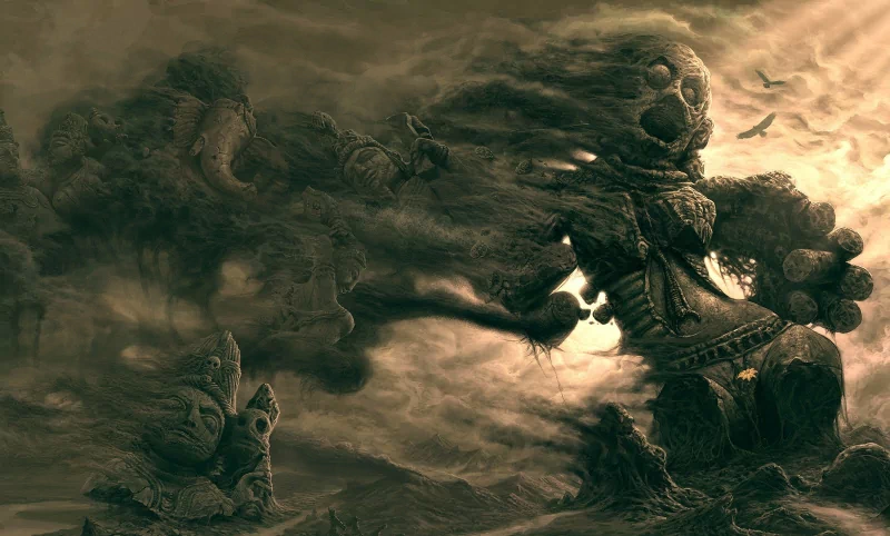 Artistic fantasy scene: a robed, skeletal sorcerer summons swirling shadow spirits across a stormy, sepia-toned landscape.