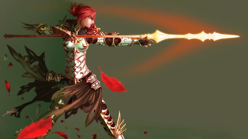 A fierce woman warrior in fantasy armor stands poised with a spear, ready for battle, surrounded by scattering red petals against a dramatic green backdrop.
