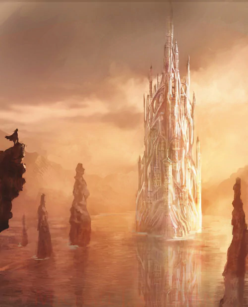 A towering, intricate fantasy city rises from calm waters, surrounded by jagged rock formations under a golden, misty sky.