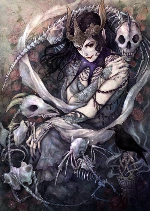A dark fantasy scene featuring a woman with horns, surrounded by skeletal creatures and ethereal, swirling bones in a mystical, eerie atmosphere.