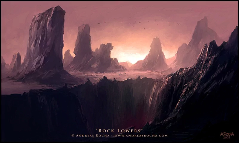 Sci-fi digital art of an alien planet landscape: towering rock formations encircle a vast chasm beneath a hazy orange sky and a distant glowing horizon.