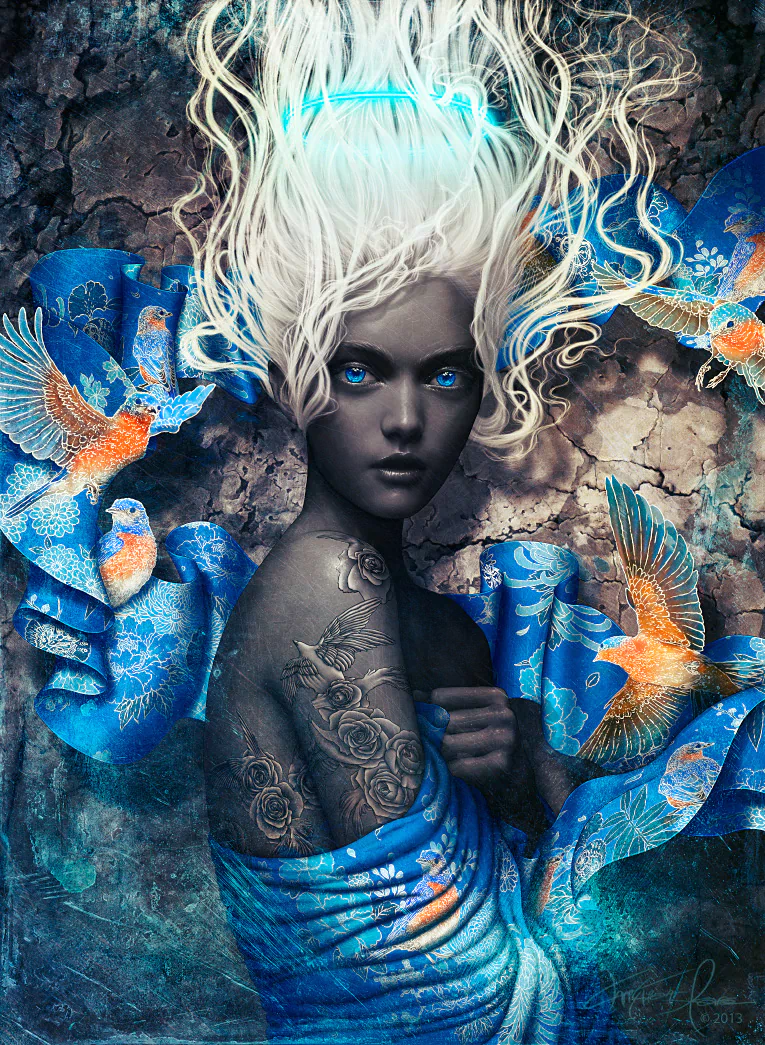 A fantasy woman with striking blue eyes and flowing white hair, wrapped in an ornate blue fabric, surrounded by vibrant orange and blue birds against a textured background.