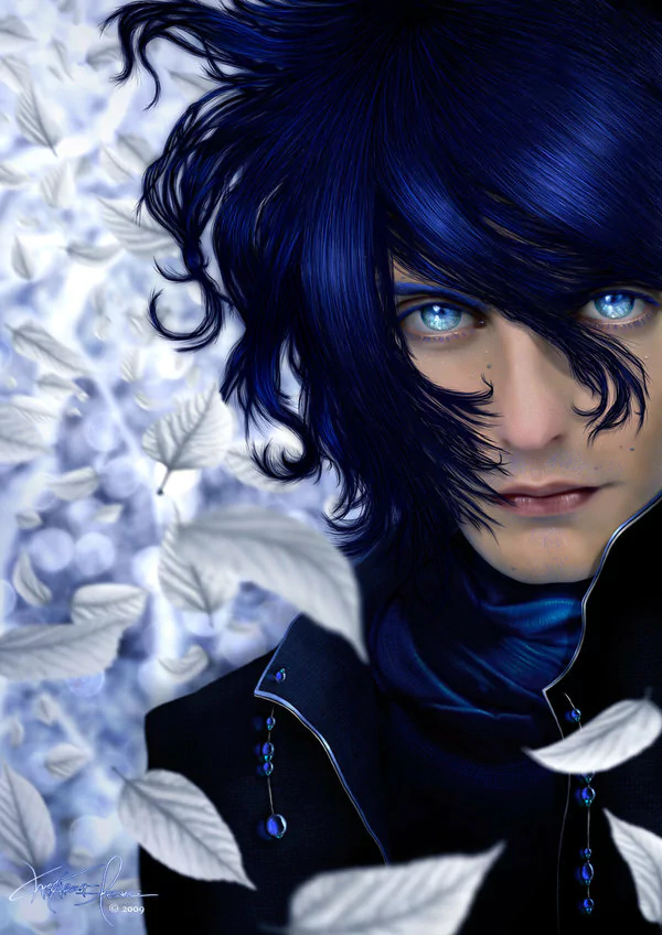 A fantasy-themed portrait of a man with striking blue hair and piercing blue eyes, surrounded by softly falling white leaves against a pale background.