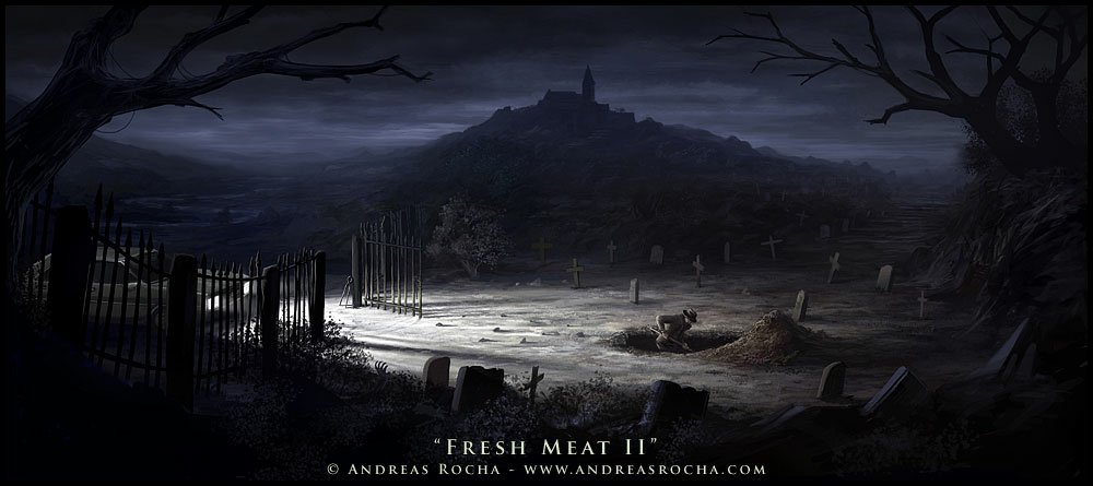 A dark, haunted cemetery at night: an open gate leads into a moonlit graveyard with crooked tombstones, bare trees, drifting fog and a ruined silhouette atop a distant hill.