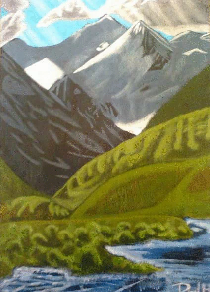 A vibrant painting of a mountainous landscape with lush green grass, flowing river, and dramatic skies, capturing the essence of nature's beauty.
