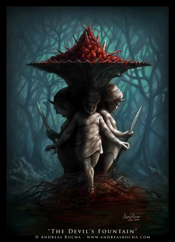 A dark, grotesque dark fantasy scene featuring a surreal, evil statue of three children with knives beneath a spiked, blood-red fountain in an eerie forest.