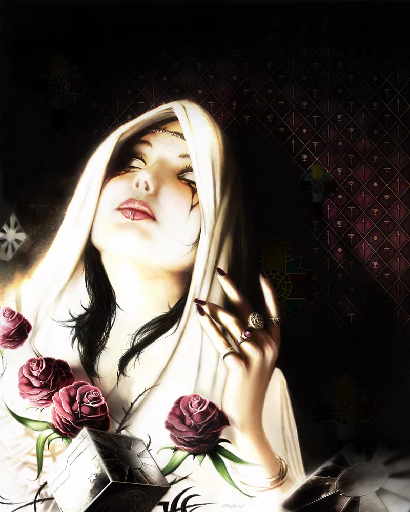 Woman in a white hooded cloak against a dark patterned background, pale face lifted, holding roses and ornate rings.