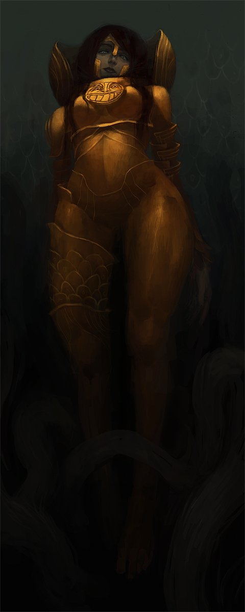 Digital Art of a fantasy woman warrior in ornate golden armor, stern gaze, decorative chestplate and scale-patterned greaves, standing amid shadowy, sea-like depths.