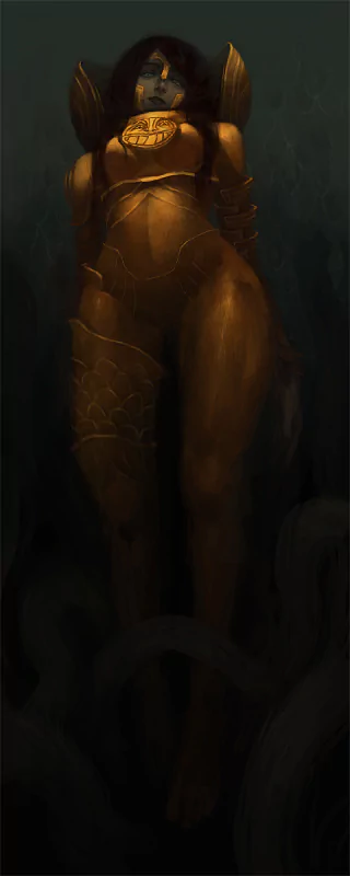 Digital Art of a fantasy woman warrior in ornate golden armor, stern gaze, decorative chestplate and scale-patterned greaves, standing amid shadowy, sea-like depths.