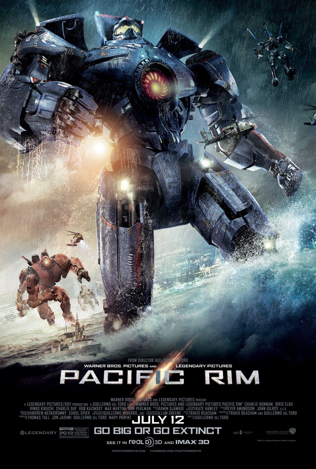 Pacific Rim movie poster: a towering Jaeger strides through stormy seas toward the viewer, another Jaeger and a damaged city skyline behind.