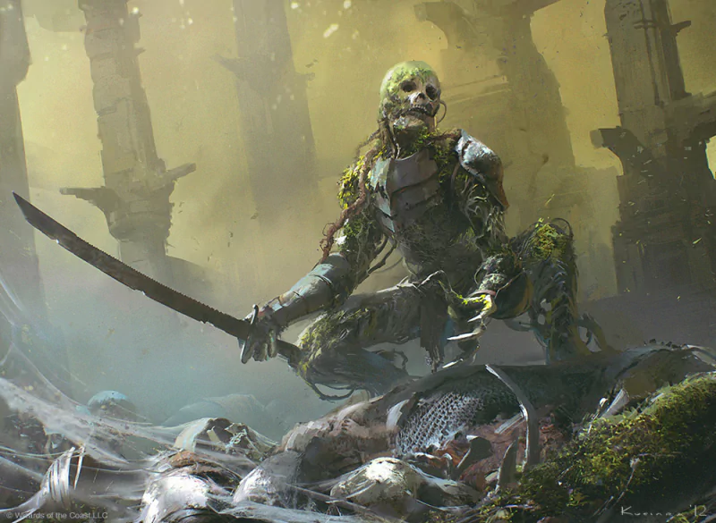 Dark fantasy scene: a moss-clad skeleton warrior crouches on ruined pillars, brandishing a curved sword amid fog, fallen armor, and scattered bones.
