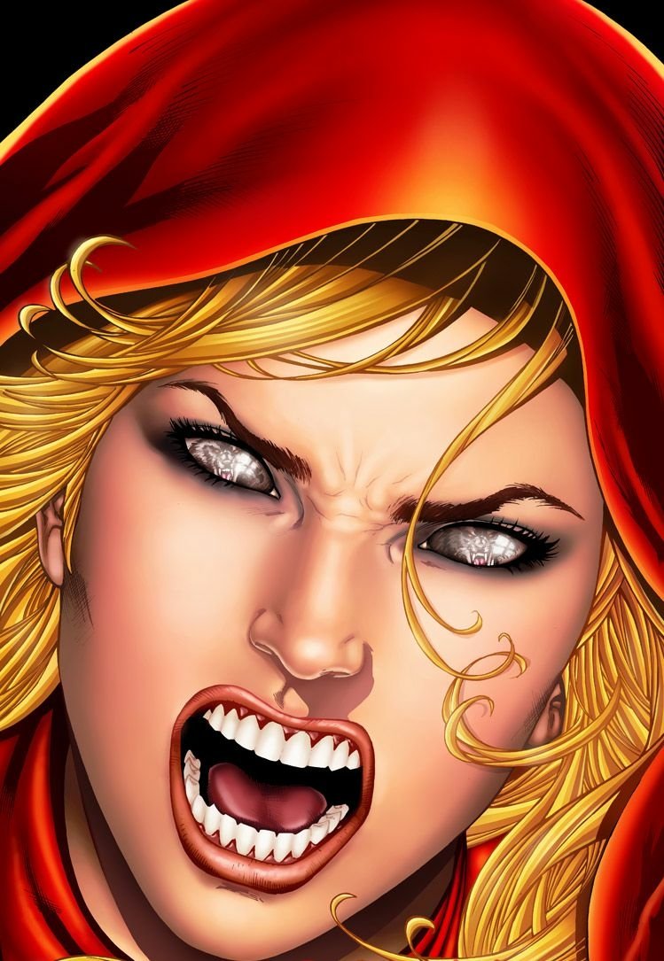 Fantasy depiction of Red Riding Hood in a red hood, wild blonde hair, bared teeth and silver, wolflike eyes — fierce and otherworldly.