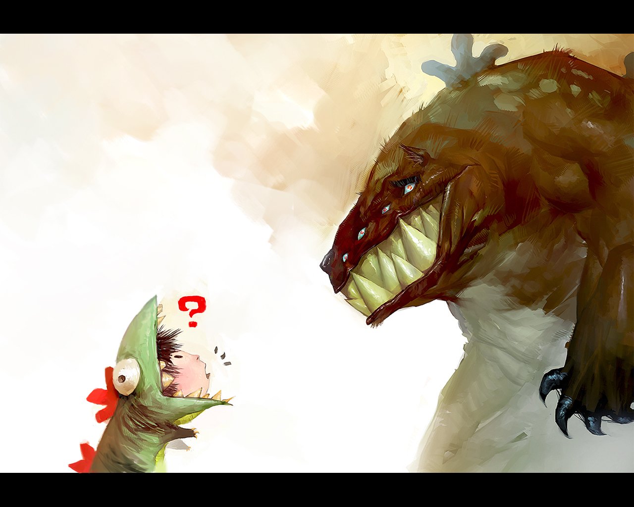A dark fantasy cartoon featuring a small creature in a dinosaur costume facing a large, menacing monster with sharp teeth in a tense encounter.
