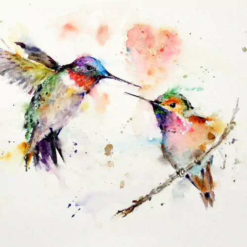 Artistic watercolor painting of two colorful hummingbirds facing each other, with soft splashes of paint and a heart shape in the background.