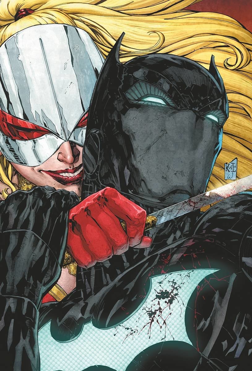 Comic, Batwing: masked blonde woman presses a bloody knife to armored Batwing’s neck as his bat emblem shows a splatter of blood.