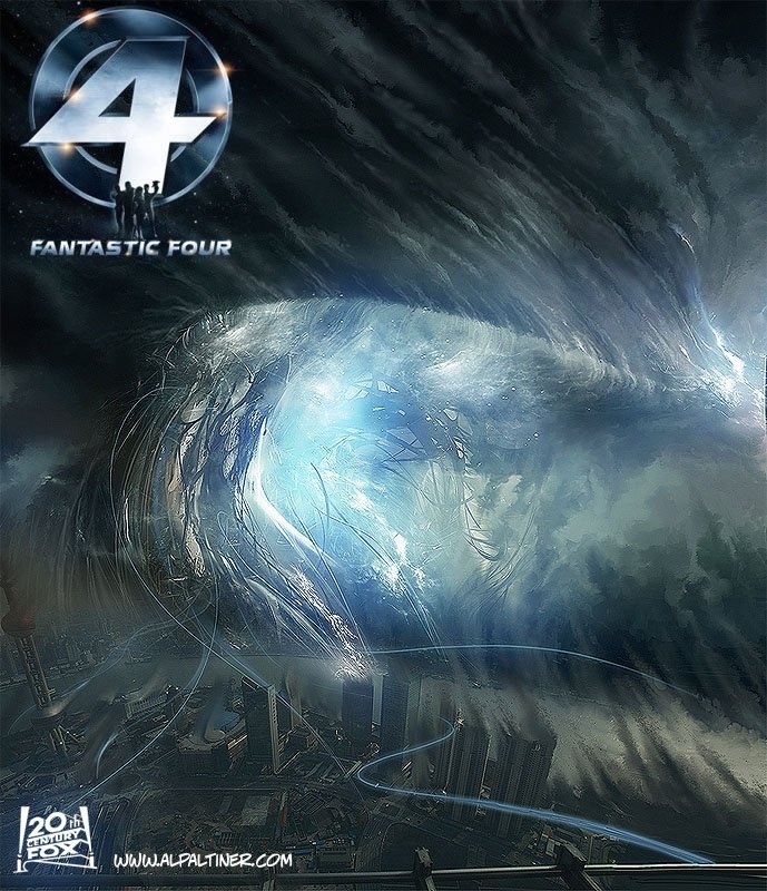 Sci-fi movie poster: Fantastic Four emblem above a swirling cosmic storm and distorted cityscape, dramatic film-FX lighting conveying superhero energy.