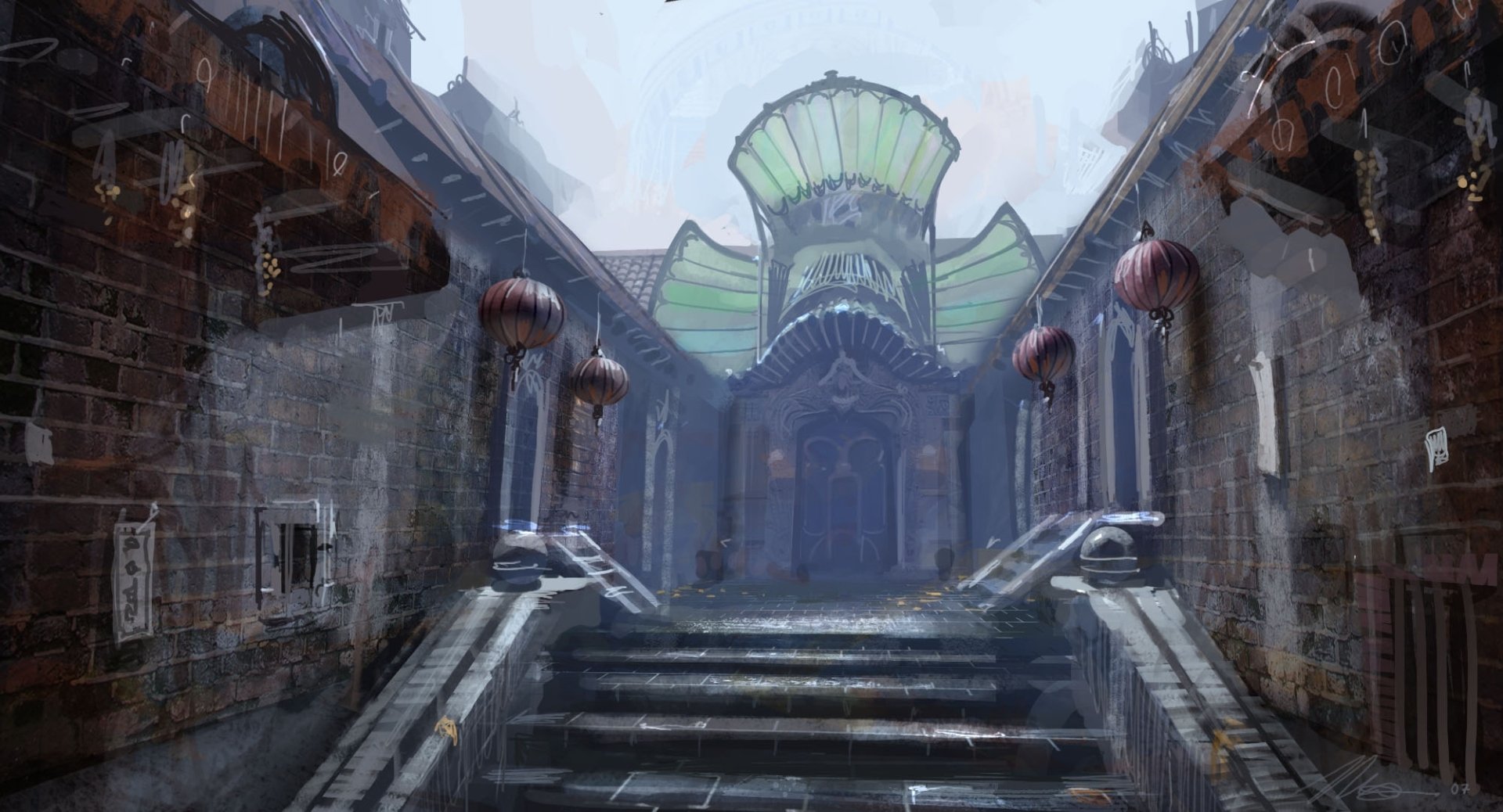 A fantasy alleyway with traditional architecture featuring stone steps, lanterns, and a grand building with an ornate green roof in the background.