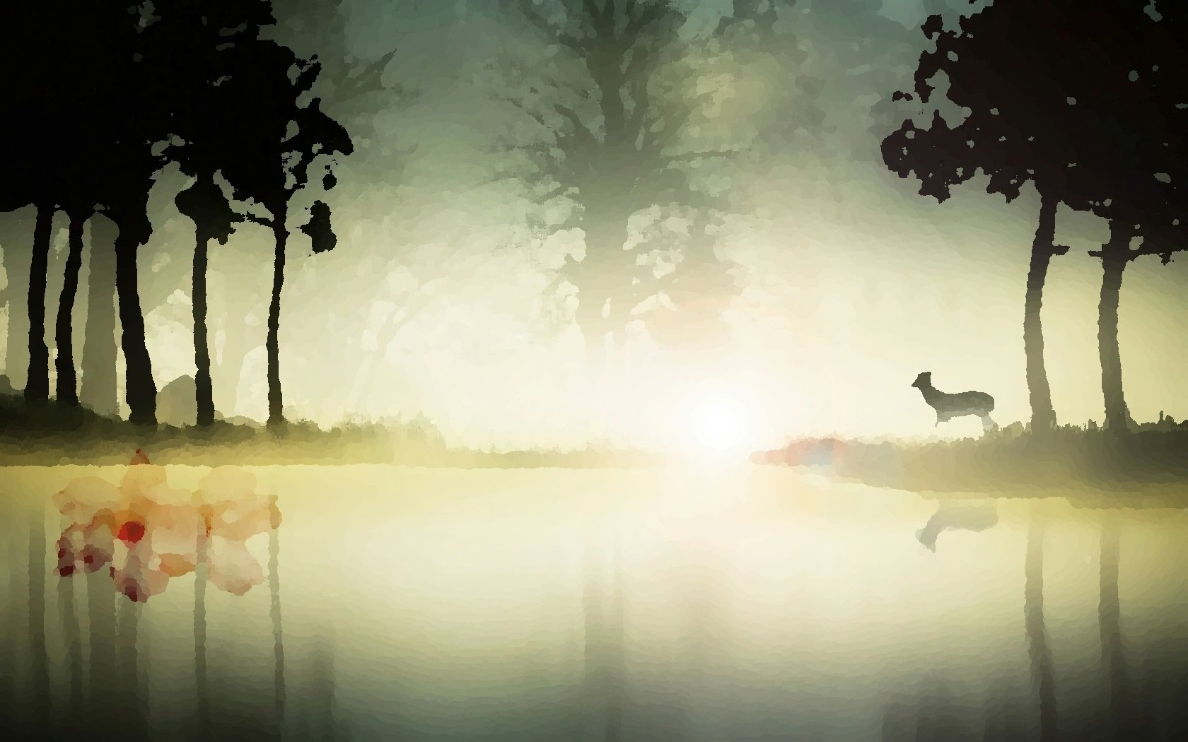 Misty nature landscape at sunrise — silhouetted trees along a calm reflective lake, a small deer stands on the shore as soft light filters through the fog.