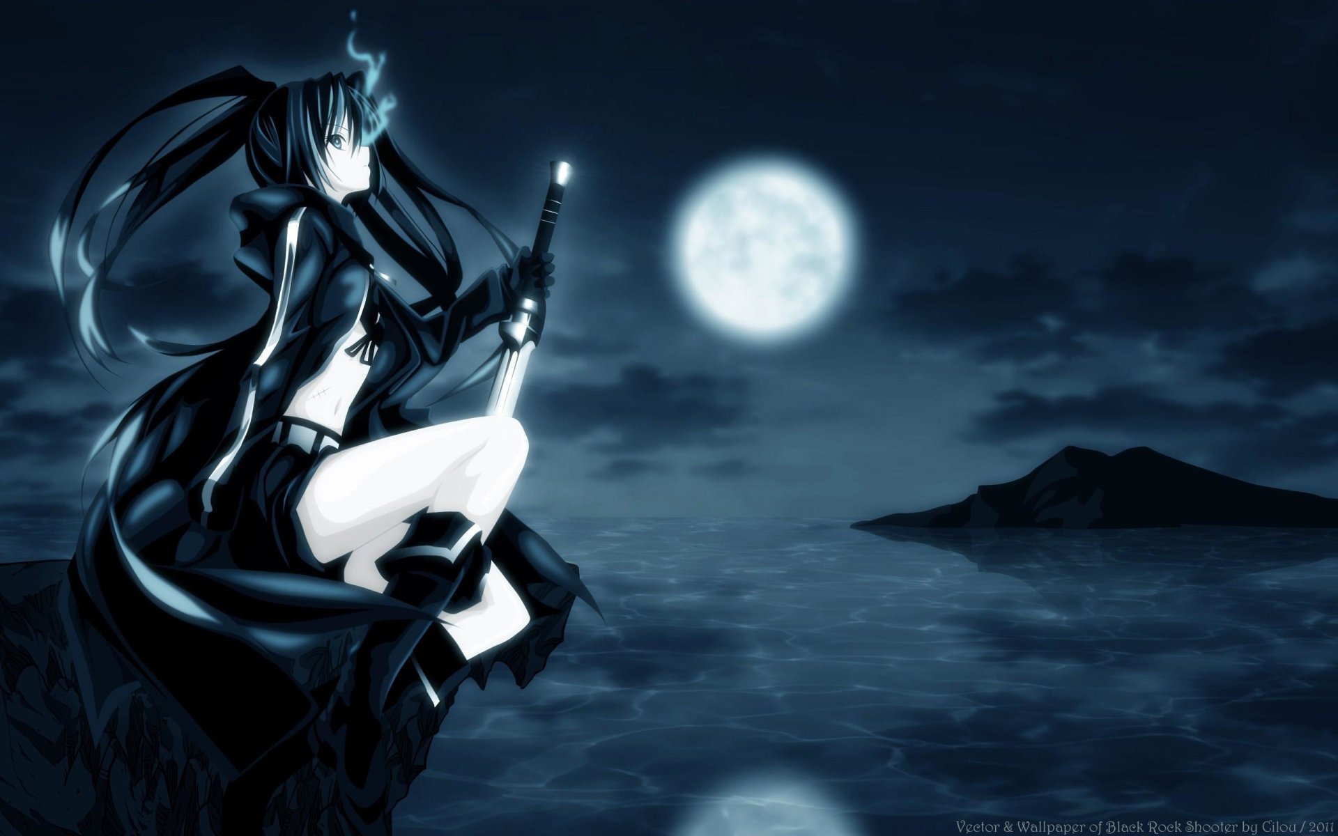 Black Rock Shooter (anime) sits on a rocky shore at night, gripping her weapon as a full moon reflects across the dark sea.