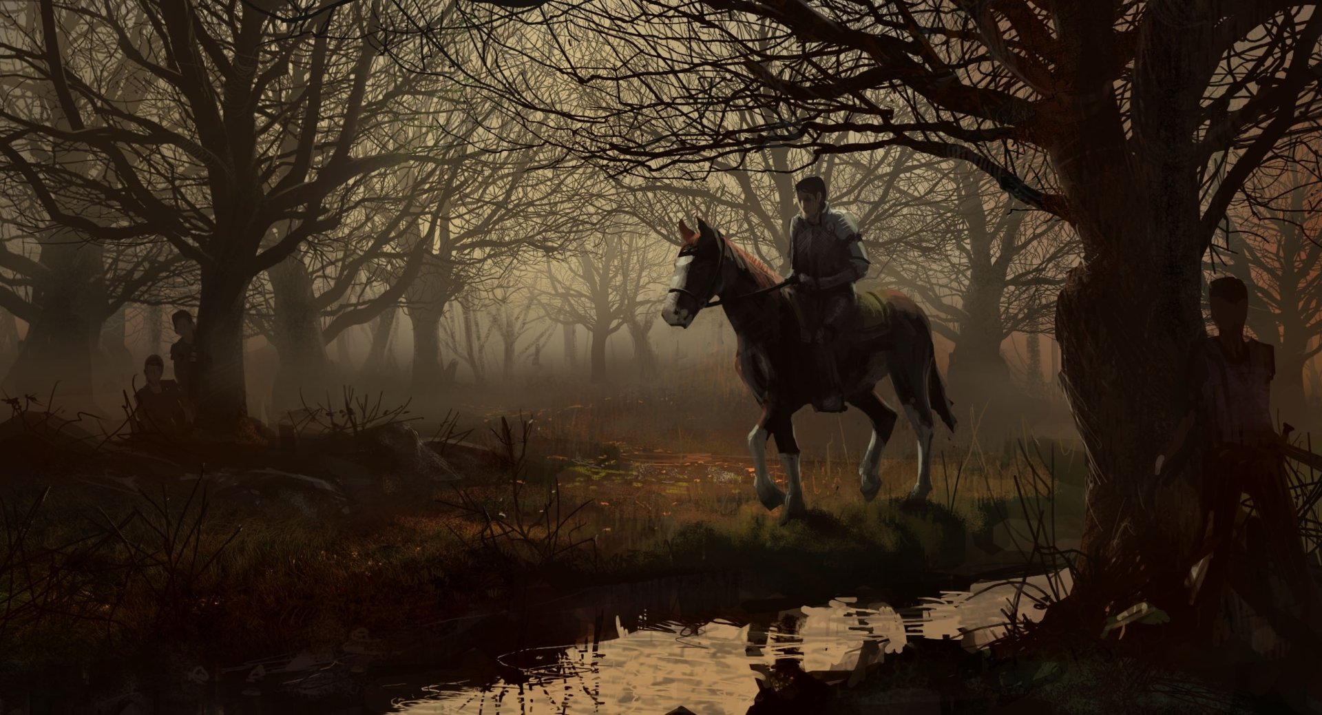 A fantasy knight rides a horse through a misted, shadowed forest, sunlight breaking through bare branches and reflecting in a shallow stream.