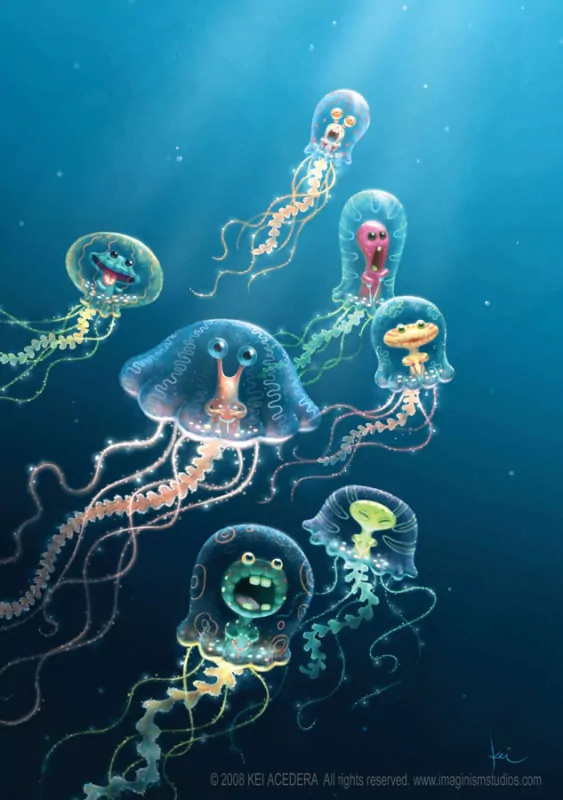 A group of colorful jellyfish with expressive faces float underwater in the ocean, showcasing vibrant marine life.