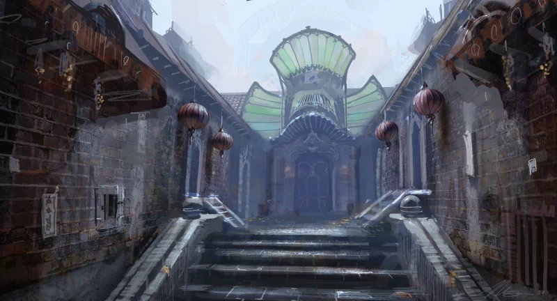 A fantasy alleyway with traditional architecture featuring stone steps, lanterns, and a grand building with an ornate green roof in the background.