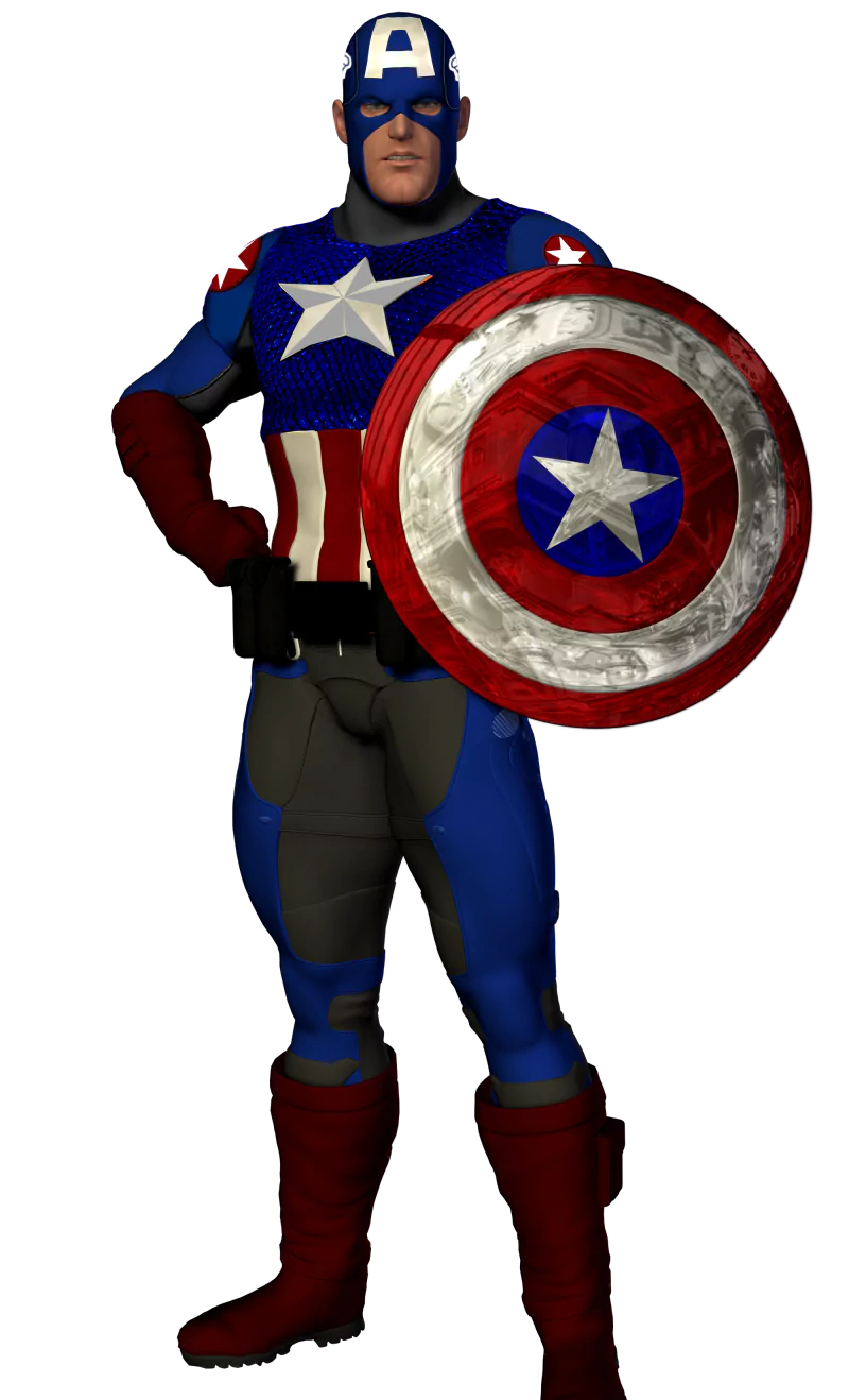 Comic-style image of Captain America from the Avengers, wearing his classic red, white, and blue suit and holding his iconic shield.