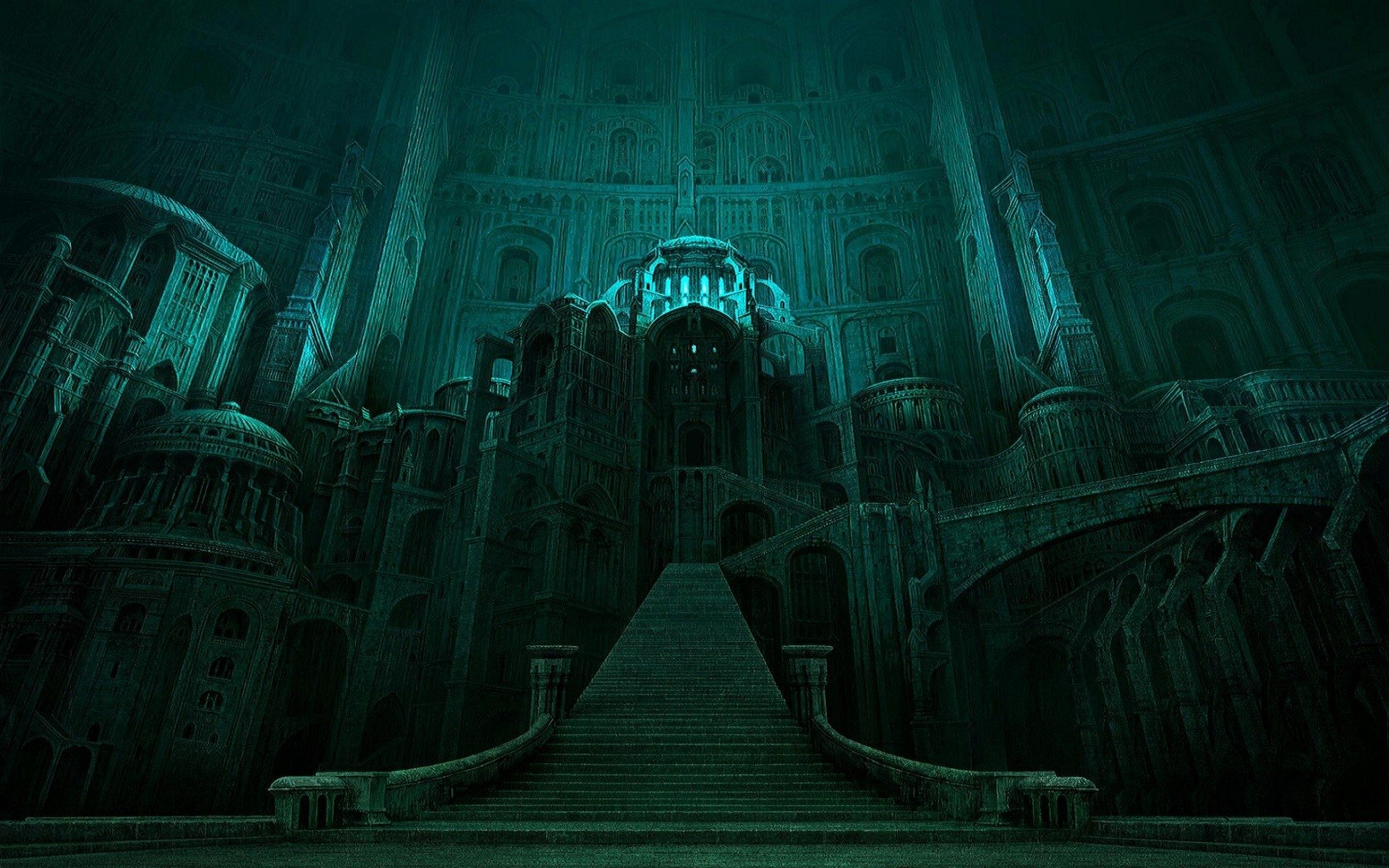 Dark fantasy scene of a towering, ominous castle with intricate gothic architecture, shrouded in shadows and an eerie, greenish glow.