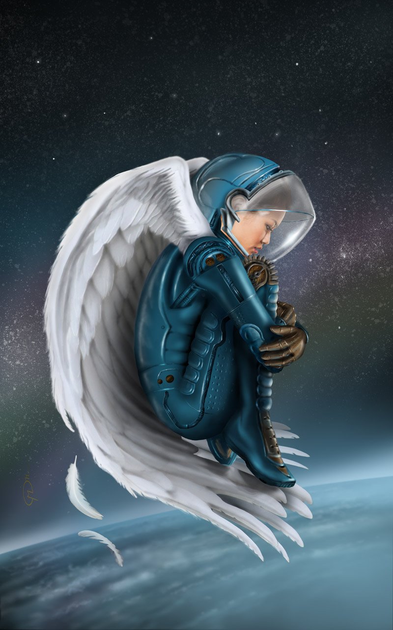 A sci-fi angel in a futuristic space suit with white wings crouches above a planet, surrounded by stars in the vastness of space.