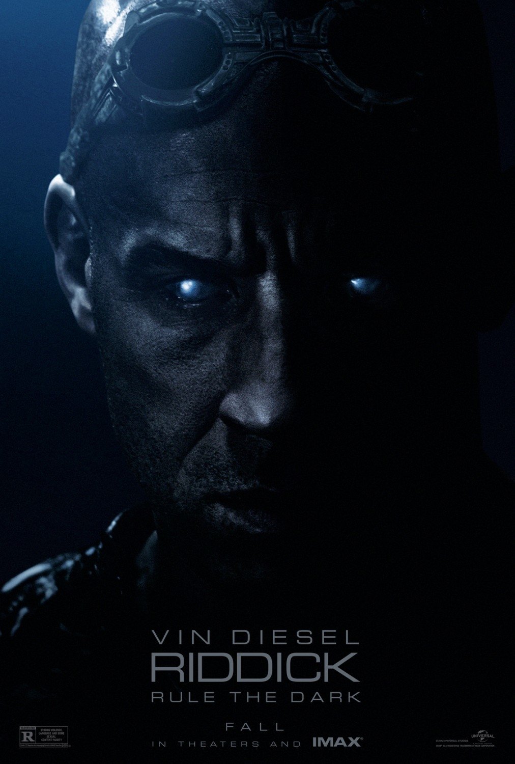 Dark movie poster for Riddick: a grim, shadowed protagonist with glowing eyes and goggles on his forehead, intense stare.
