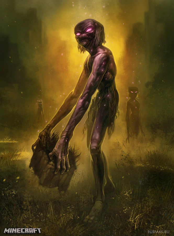 A fantasy scene from the video game Minecraft featuring an Enderman, a tall, slender creature with glowing purple eyes, carrying a block in a mysterious, shadowy landscape.
