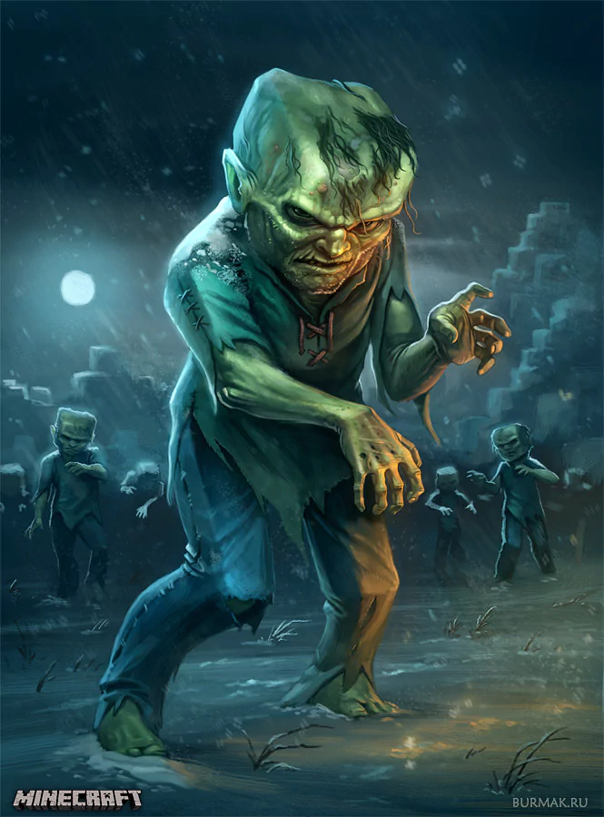 A Minecraft zombie emerges under the moonlight, surrounded by other monsters. The scene captures the eerie atmosphere of nighttime gameplay.