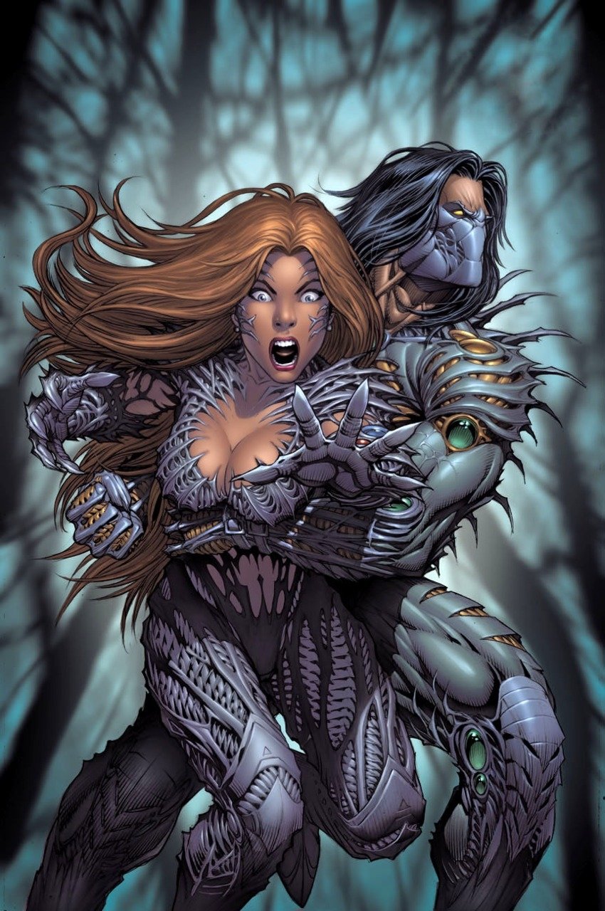Comic art features two characters clad in detailed, futuristic armor, with intense expressions amid a dark, wooded background, emphasizing a dramatic and mysterious atmosphere.