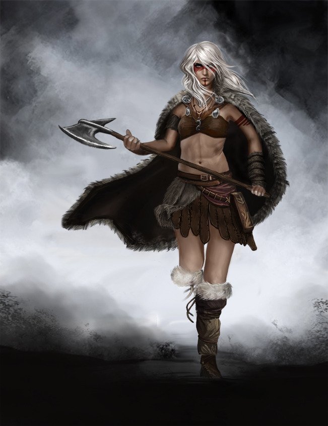 A fierce women warrior stands confidently, wielding an axe. Dressed in a fur-lined cloak, she embodies strength and resilience in a captivating fantasy setting.