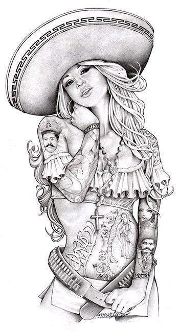 Artistic black-and-white Chicano art of a woman wearing a large sombrero, adorned with detailed tattoos and traditional Mexican imagery.